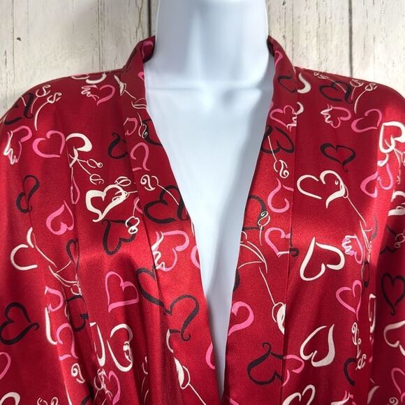 Morgan Taylor Intimates Womens Robe Red Hearts Belted Satin Lounge Sleepwear - Picture 2 of 16